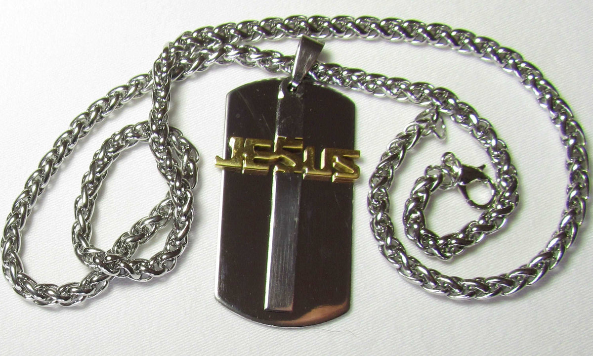 Men’s Jesus Cross Dog Tag Necklace — Stainless Steel