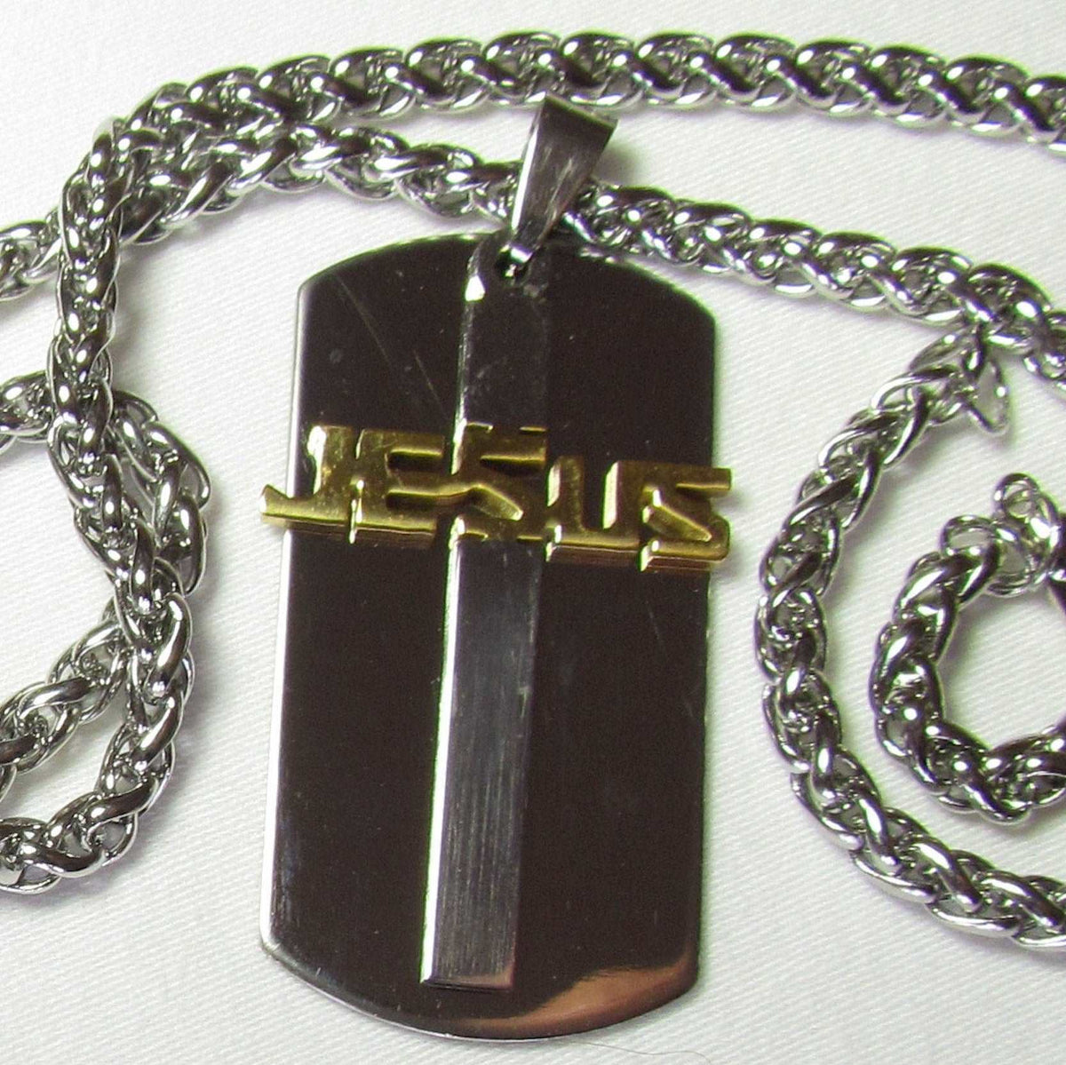 Men’s Jesus Cross Dog Tag Necklace — Stainless Steel