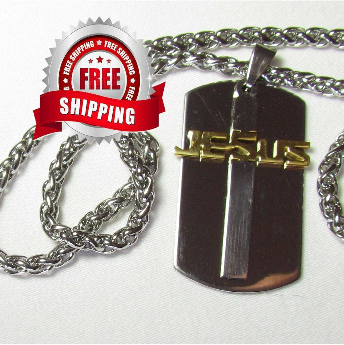 Men’s Jesus Cross Dog Tag Necklace — Stainless Steel