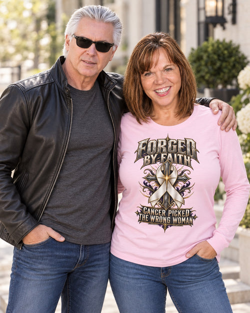 Michael and Carol modeling the Forged by Faith cancer shirt