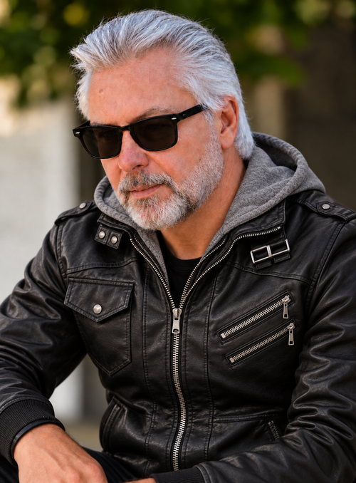 Michael McQueen modeling the black hooded faux leather moto jacket